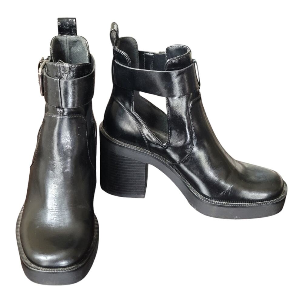 Zara Women's Block Heeled Buckle Ankle Boots Side Vents Black Leather